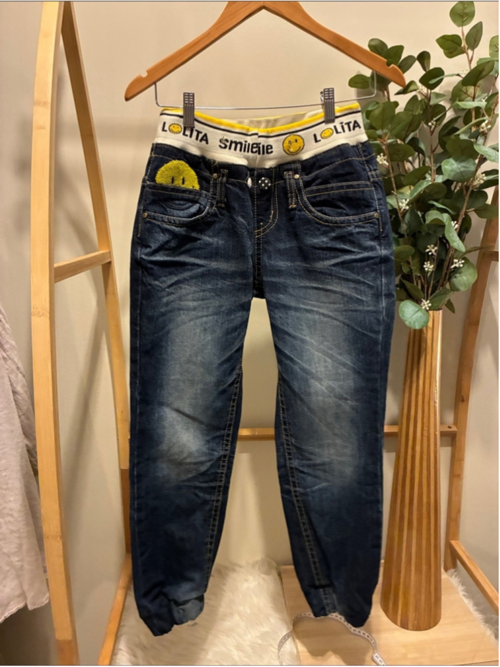 Yoshitomo Nara Lolita Vintage Y2K Dark Blue Boyfriend Jeans with Yellow Smiley